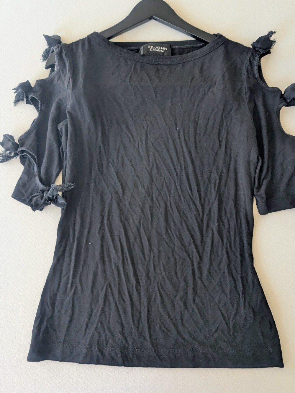 St John Couture Black Label Cut Out Bown 1/2 Sleeve Top Shirt Blouse Sz P(Small)